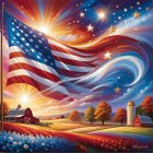 American Flag and Eagle Over Scenic Farm Landscape