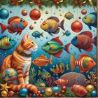 Orange Tabby Cat in Festive Underwater Scene