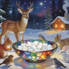 Whimsical Winter Scene with Deer, Squirrel, and Rabbits