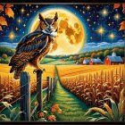 Owl on Fence Overlooking Cornfield at Night