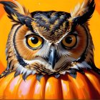 Owl on Pumpkin with Autumnal Background and Charm