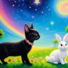 Whimsical Landscape with Cat and Rabbit in Colorful Sky