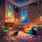 Cozy room with rainbow sofa and starry window view