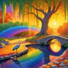 Vibrant Landscape with Willow Tree and Rainbow