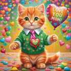Orange Tabby Kitten with Heart Balloon in Sweater