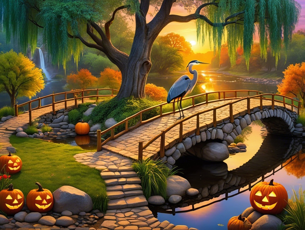 Autumn Landscape with Stone Bridge and Herons