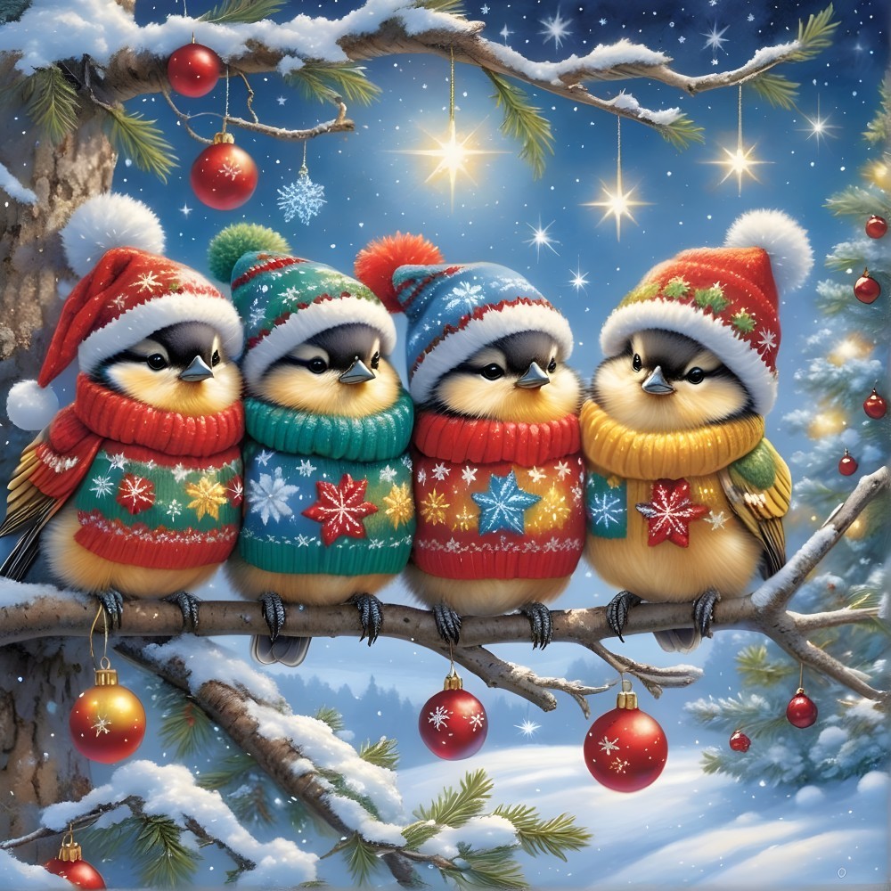 Winter Scene with Birds in Festive Sweaters and Ornaments