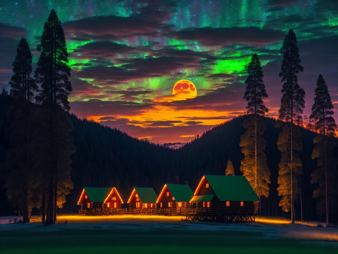 Cozy Log Cabins Under Vibrant Twilight Auroras