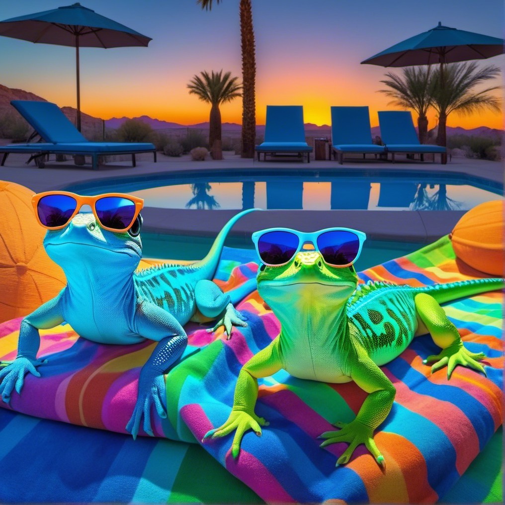 Vibrant Lizards Relax by Pool at Sunset with Beach Balls