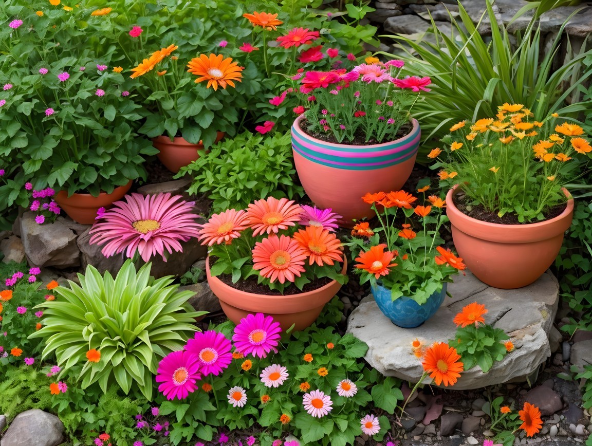 Vibrant Garden Scene with Colorful Flower Pots