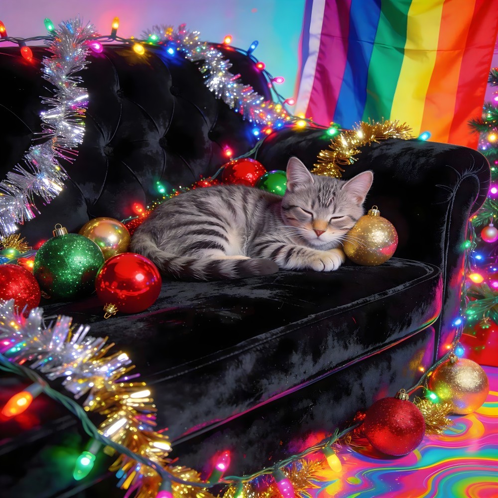 Tabby Cat on Velvet Sofa with Christmas Decor