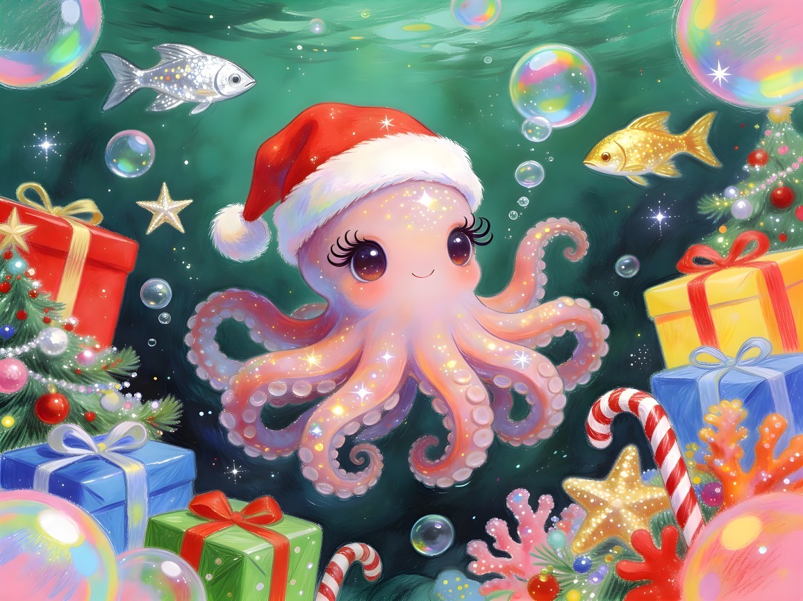 Cartoon Octopus in Santa Hat Surrounded by Festive Decor