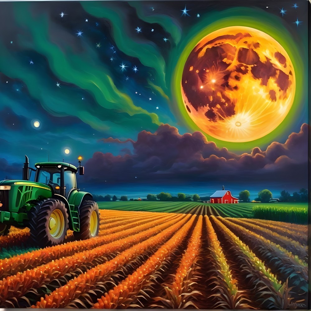 Vibrant rural landscape with tractor and moonlit sky