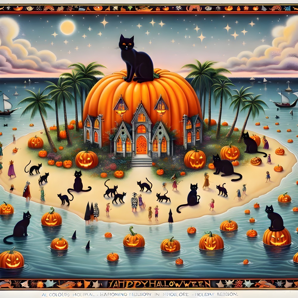 Whimsical Halloween Scene with Pumpkin House and Cats