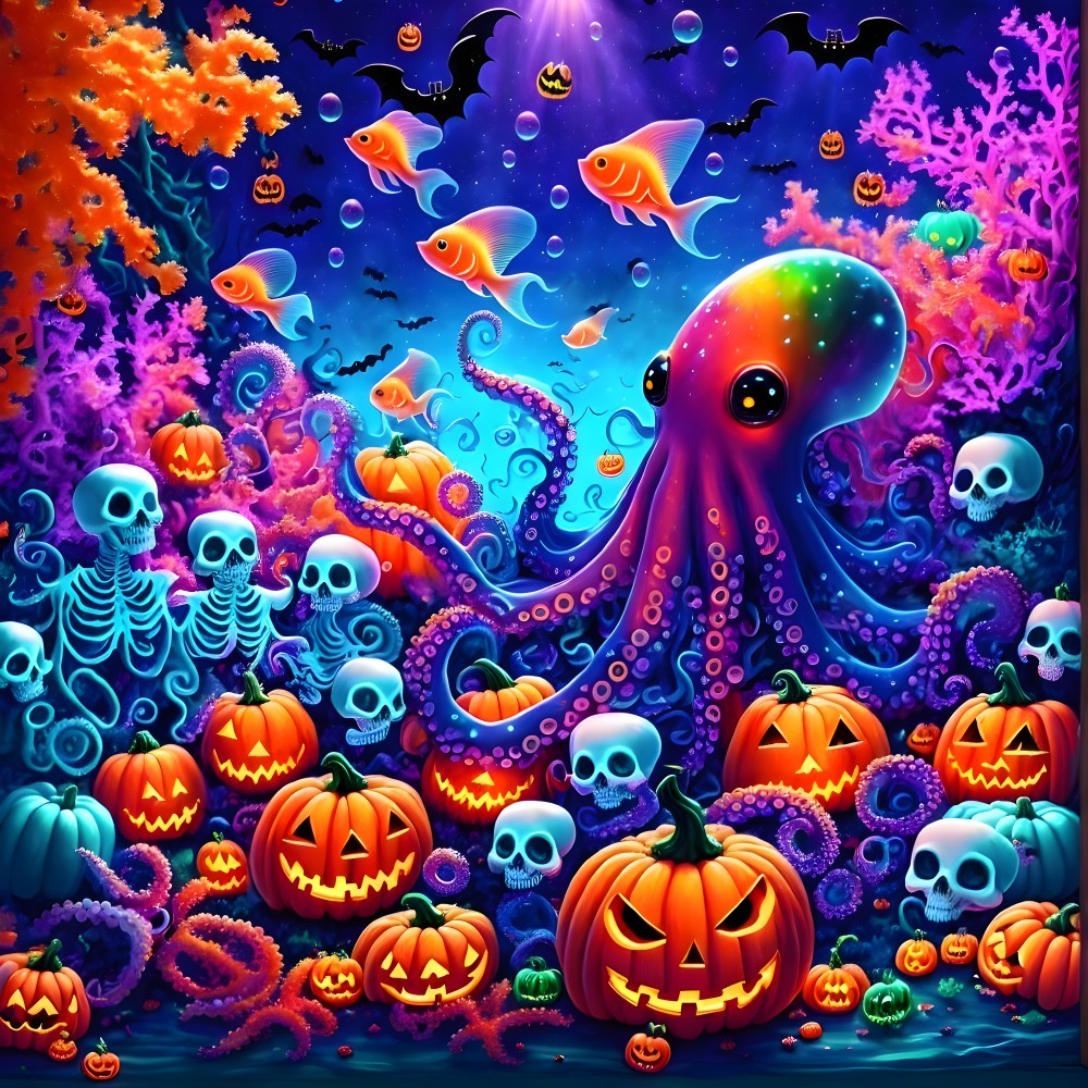 Vibrant Underwater Halloween Scene with Octopus and Fish