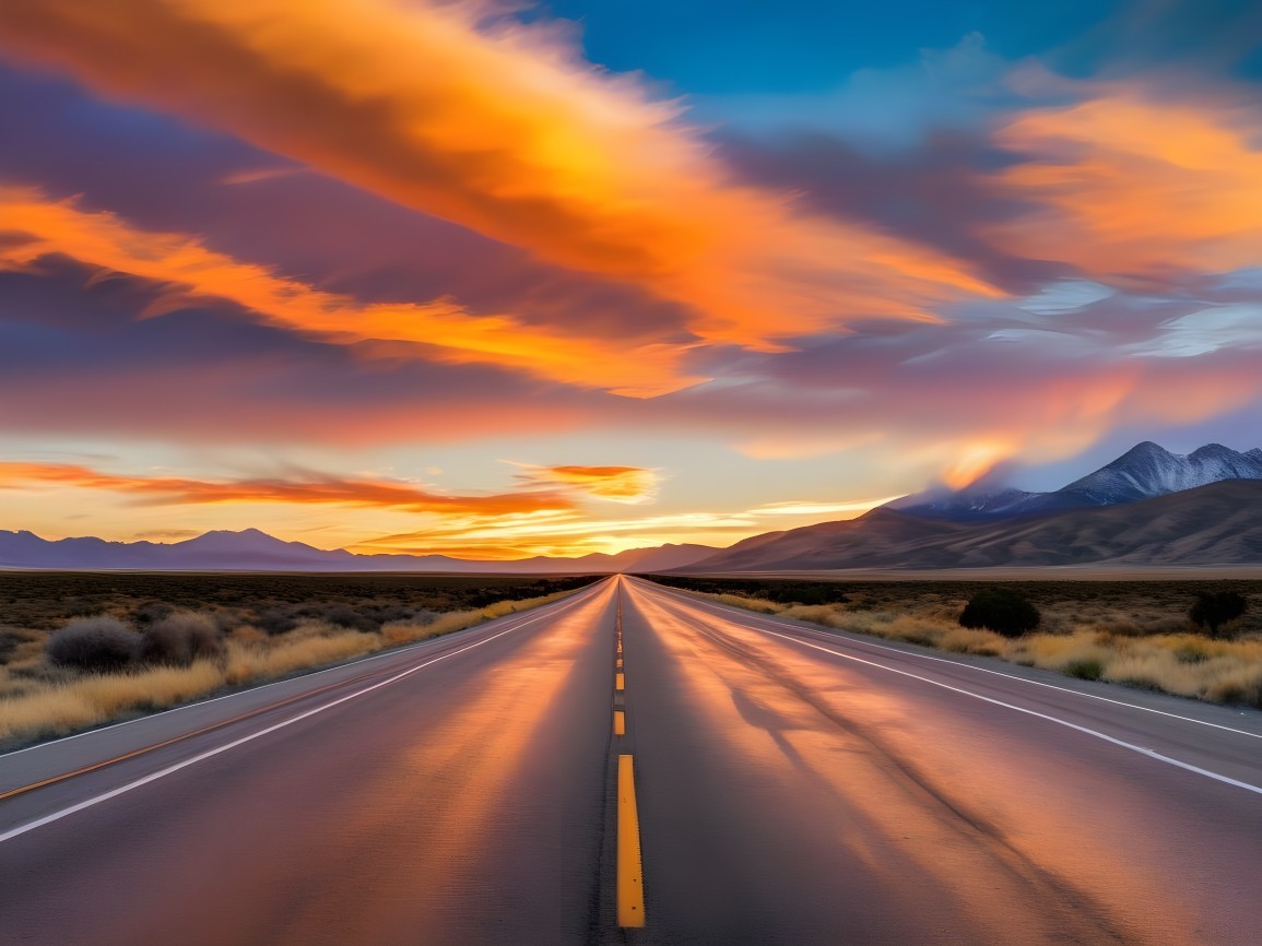Deserted Highway with Sunset and Mountain Views