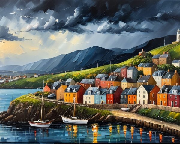 Coastal Village with Colorful Houses and Dramatic Sky