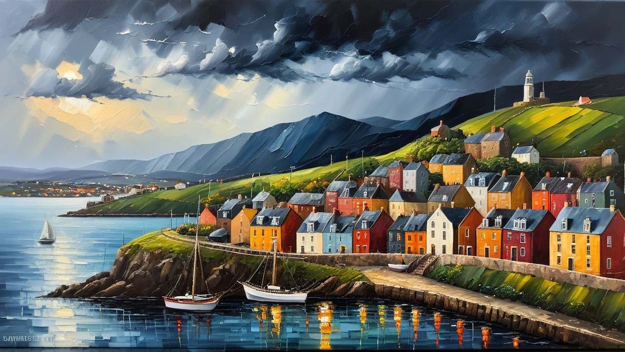 Coastal Village with Colorful Houses and Dramatic Sky