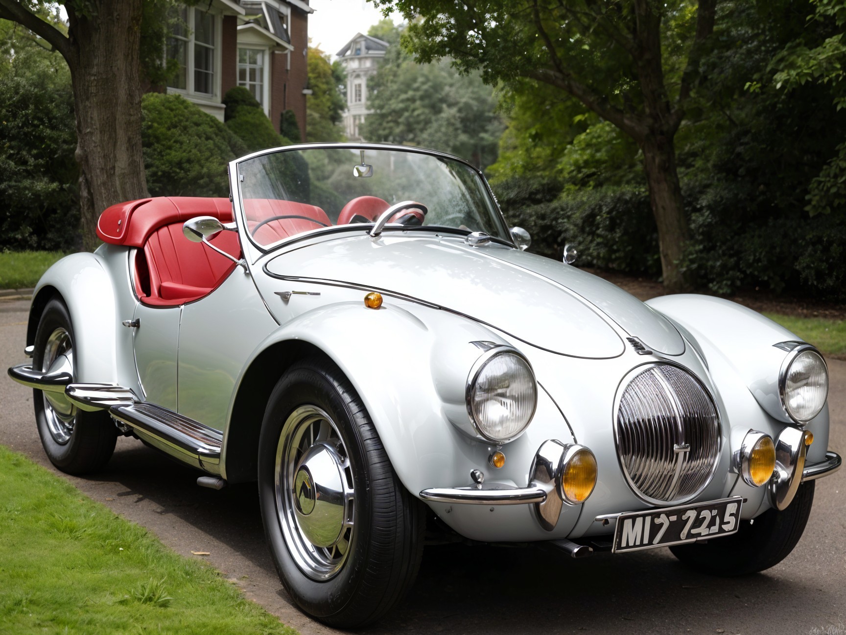 Vintage Silver Convertible Sports Car on Tree-Lined Street