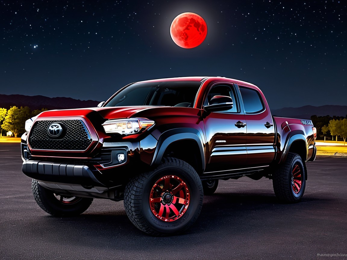 Red Toyota Tacoma under Blood Moon Night Sky