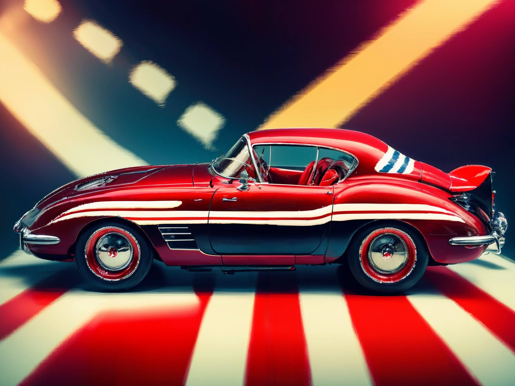 Red Vintage Car with White Racing Stripes and Gleaming Finish