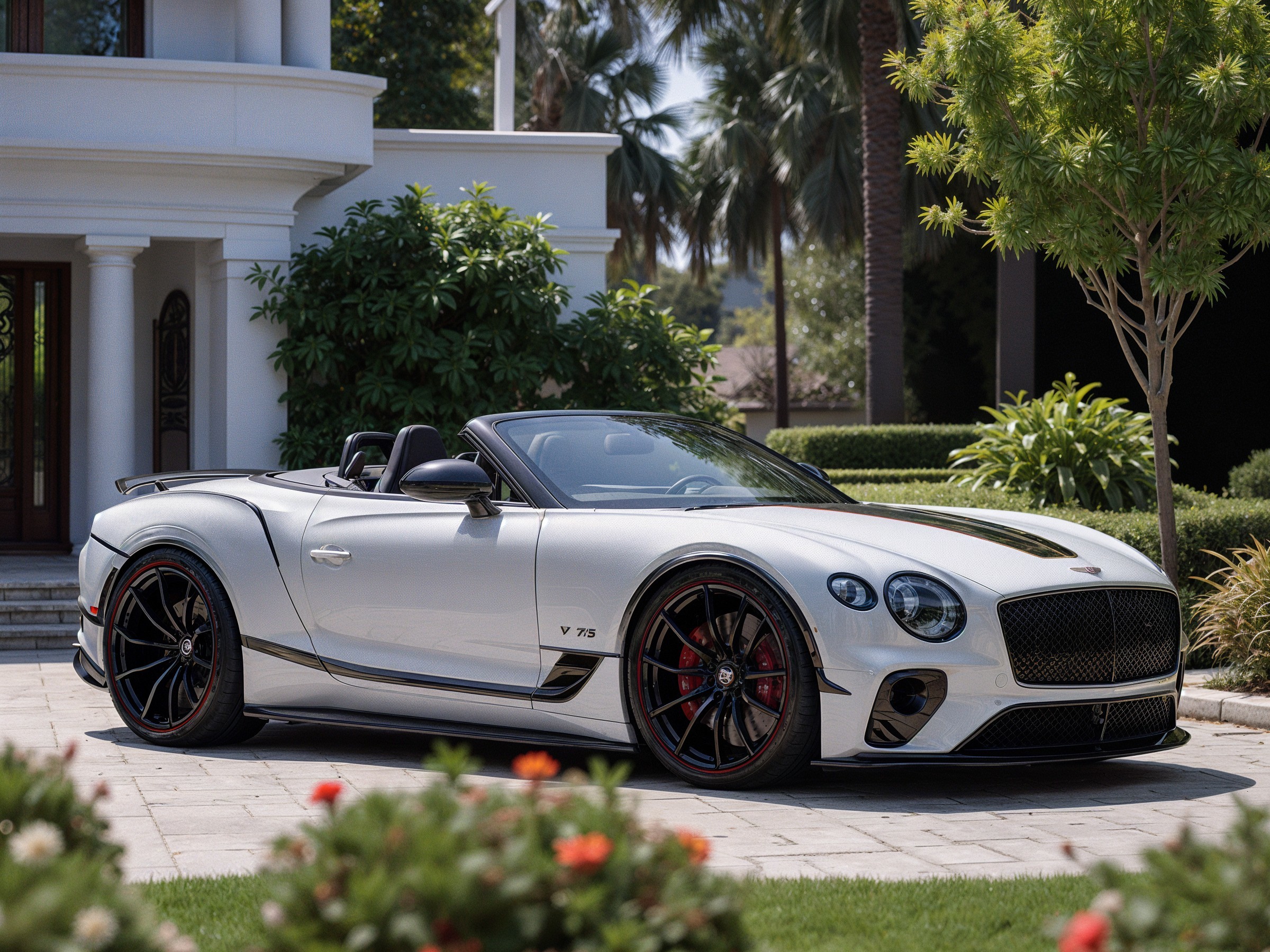 Luxury White Convertible Sports Car in Landscaped Setting