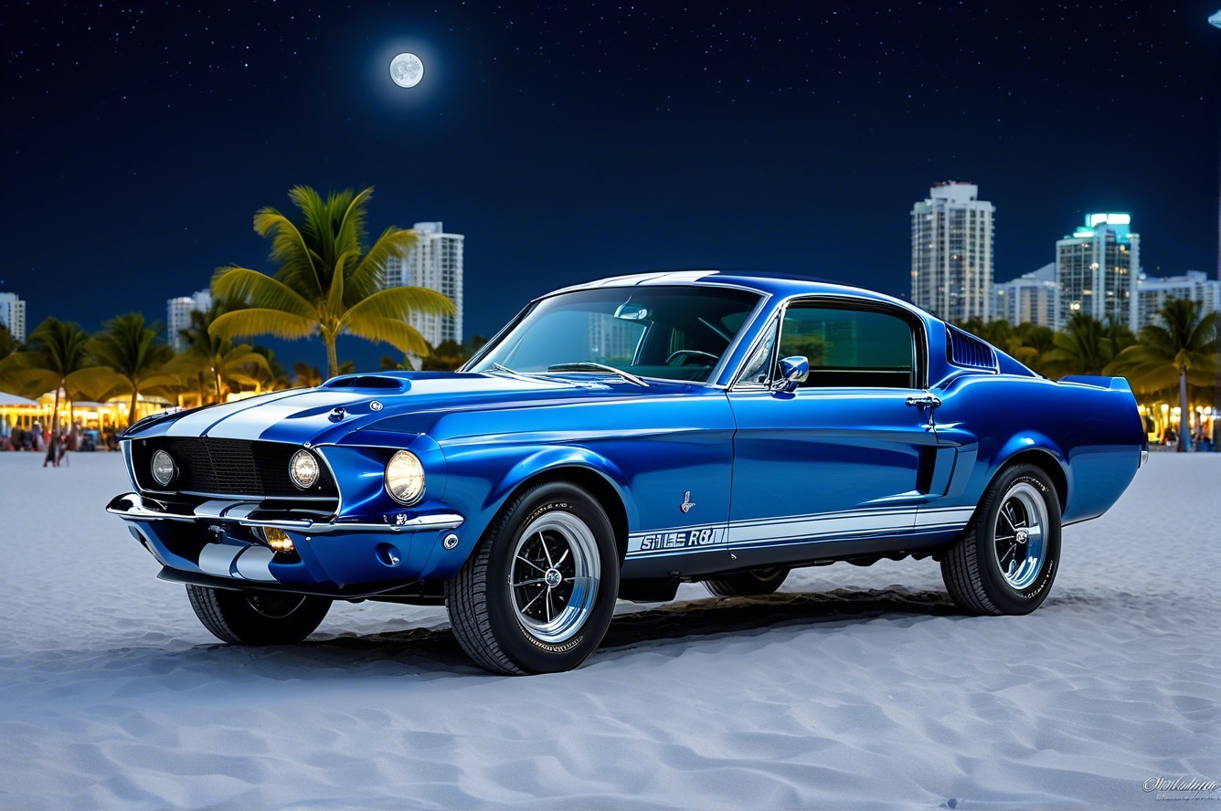 Vintage Blue Muscle Car on Beach at Night