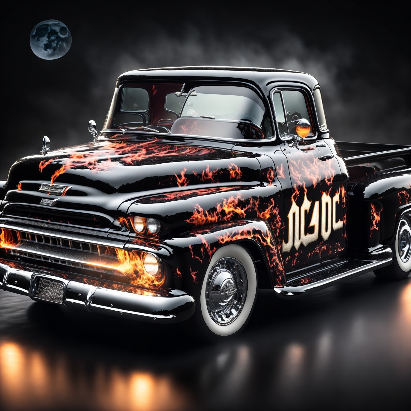 Vintage Chevrolet Pickup with Flame Graphics at Night