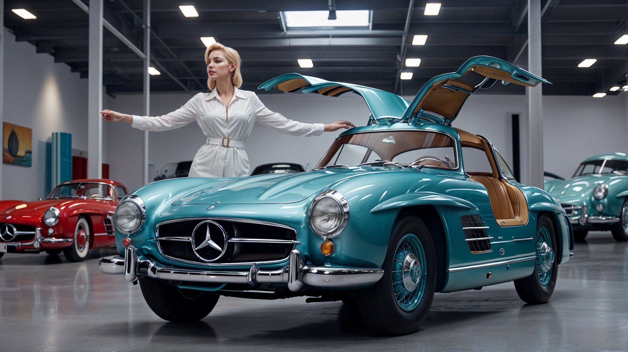 Vintage Turquoise Mercedes-Benz 300 SL in Showroom