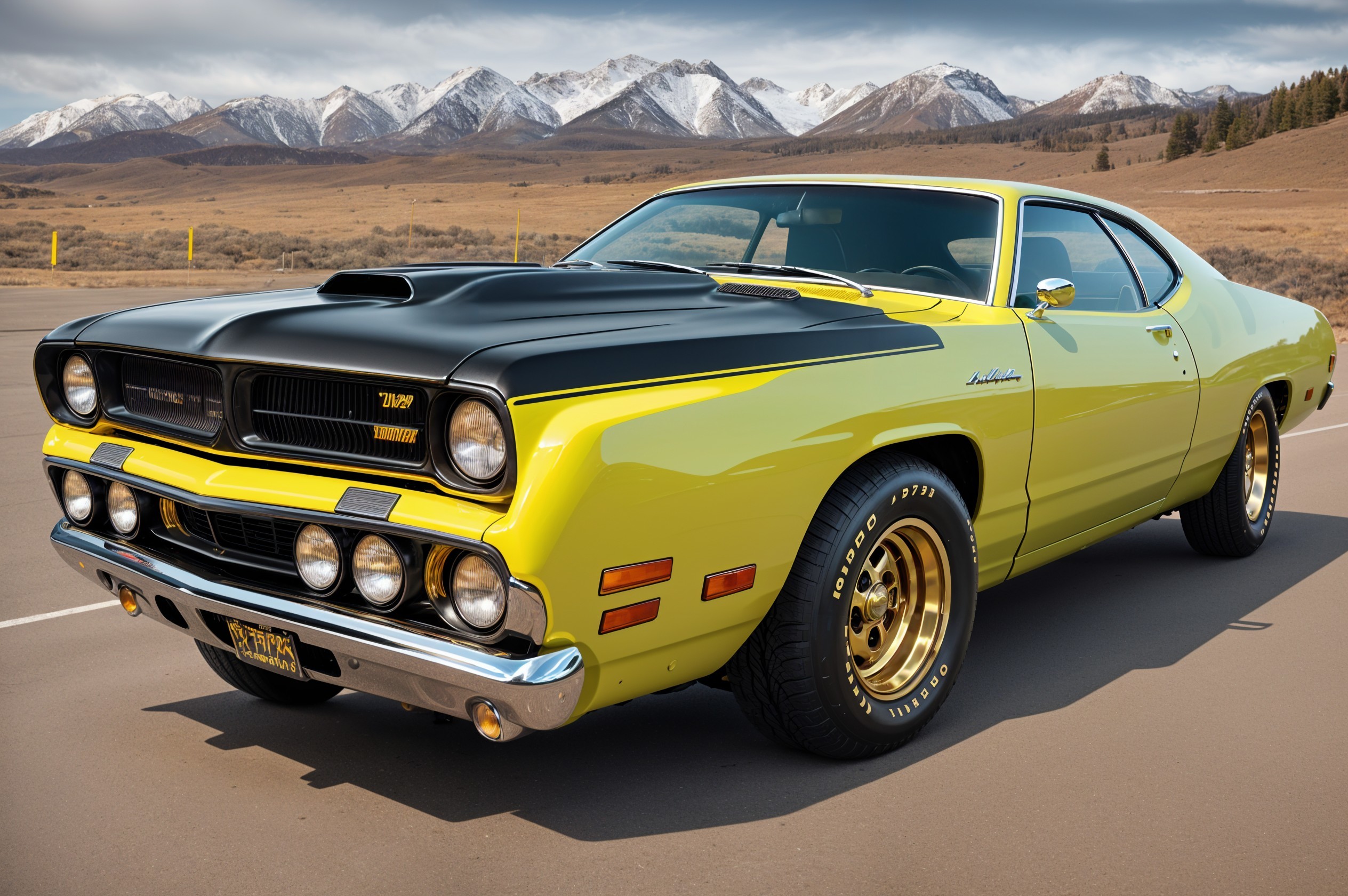 Vintage Yellow Car Against Snow-Capped Mountains