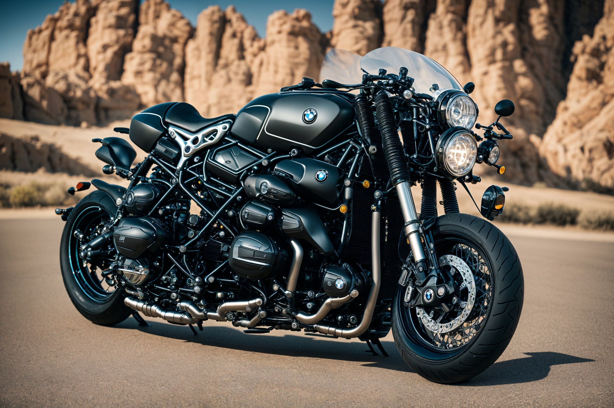 Sleek Black BMW Motorcycle in Desert Landscape