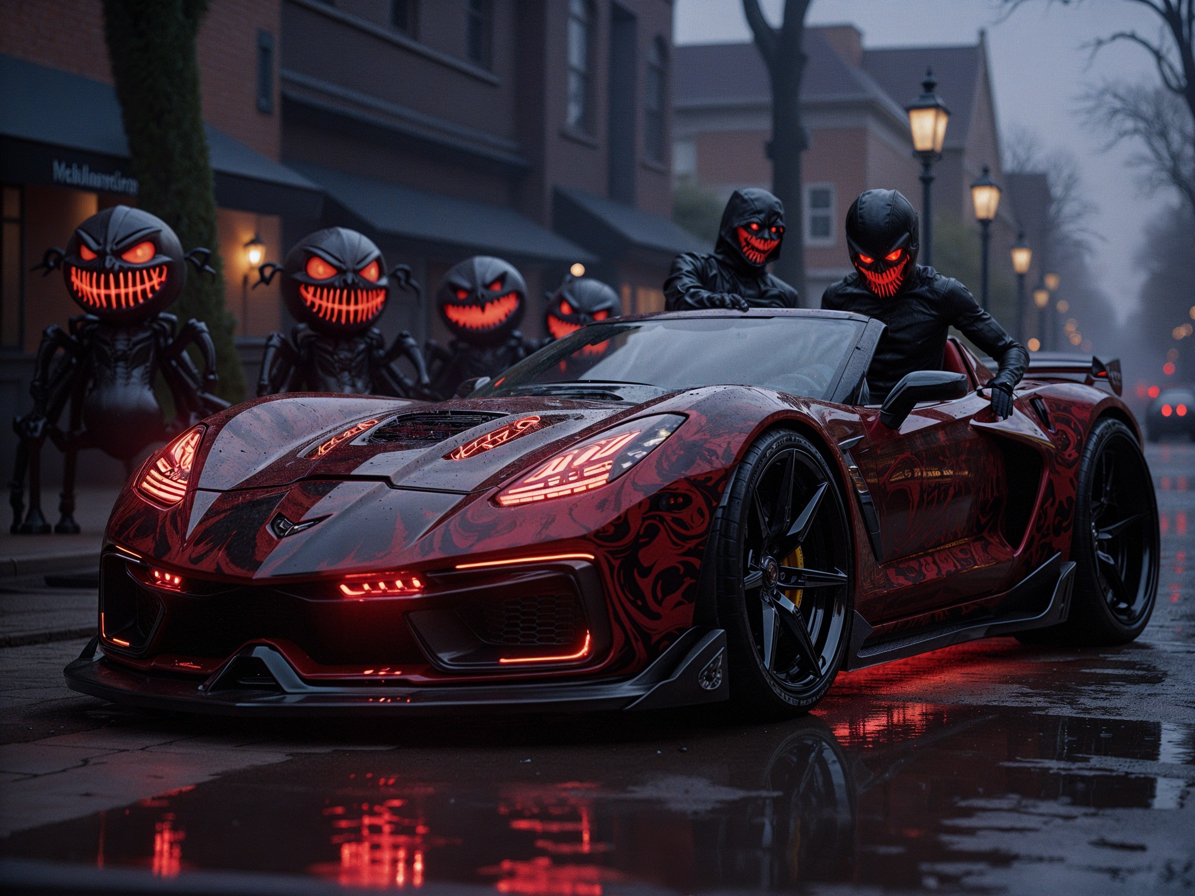 Ominous Sports Car Under Rainy Street Lighting