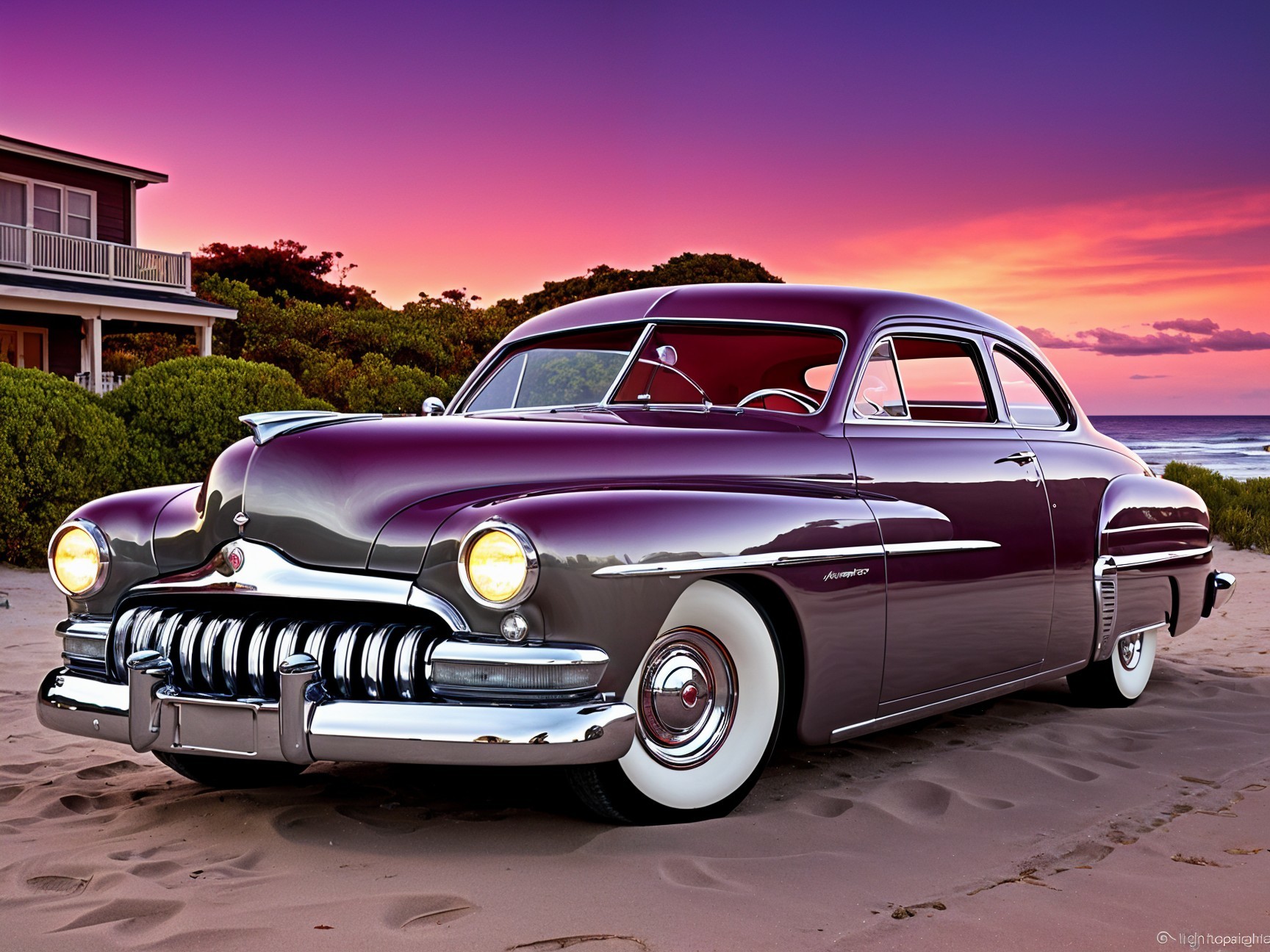 1940s Classic Car on Beach at Sunset