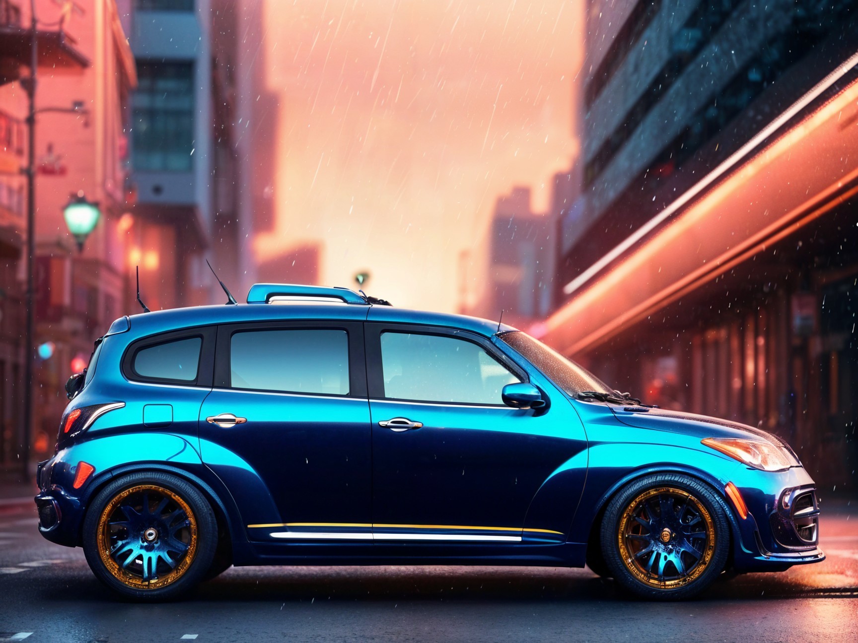 Blue Car with Orange Accents in Rainy City Scene
