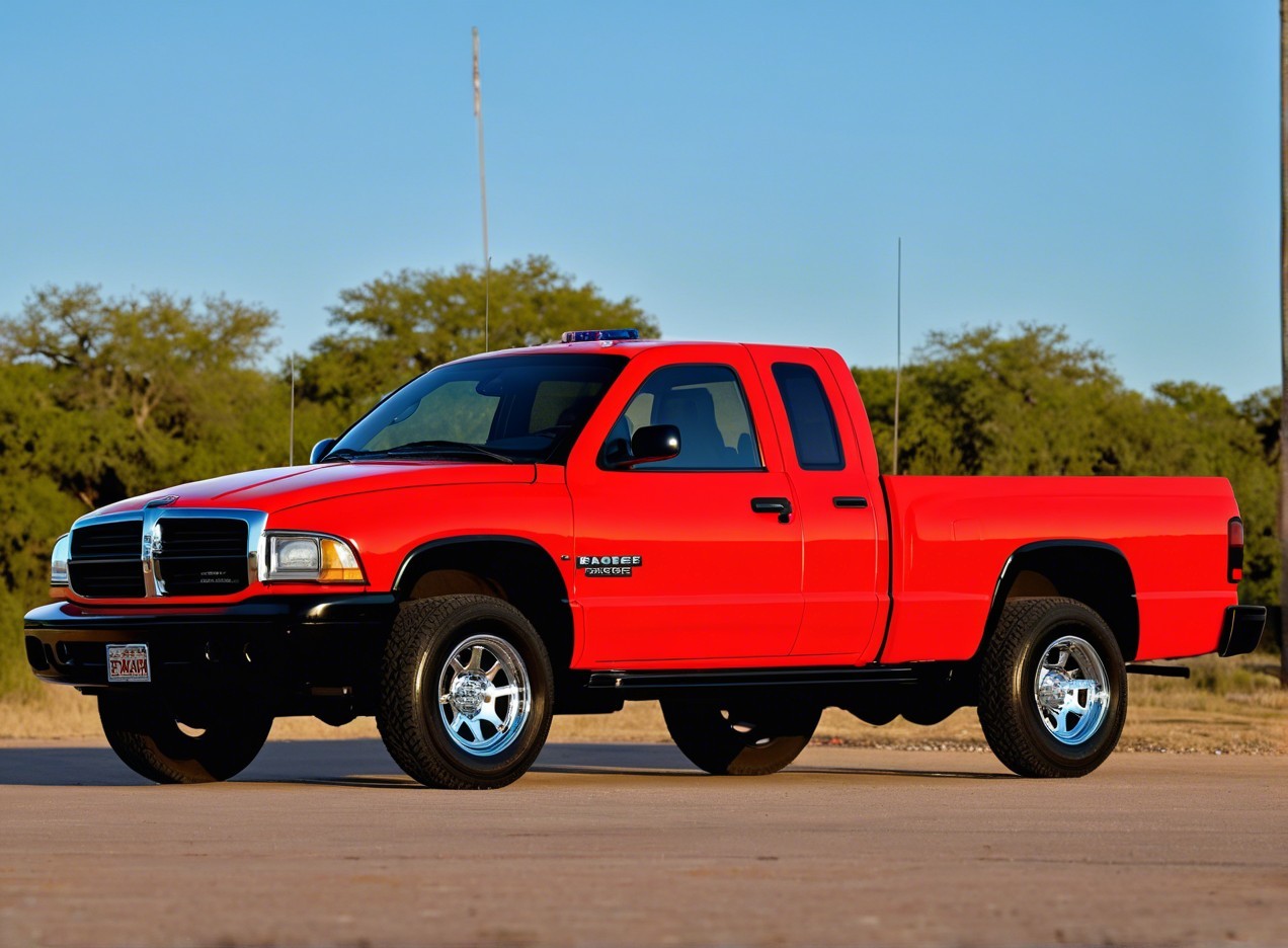 Vibrant Red Pickup Truck Against Clear Blue Sky