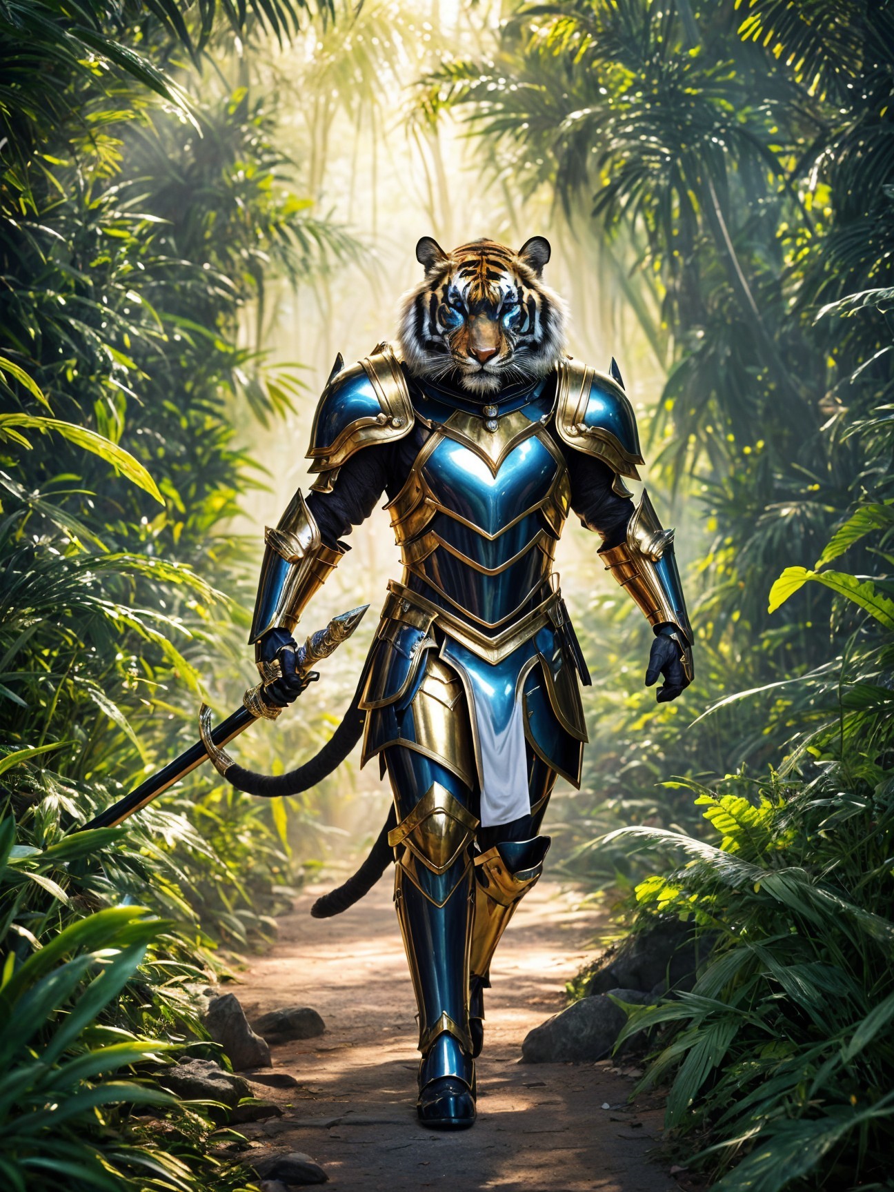 Tiger in Armor Walking Through Lush Jungle Environment