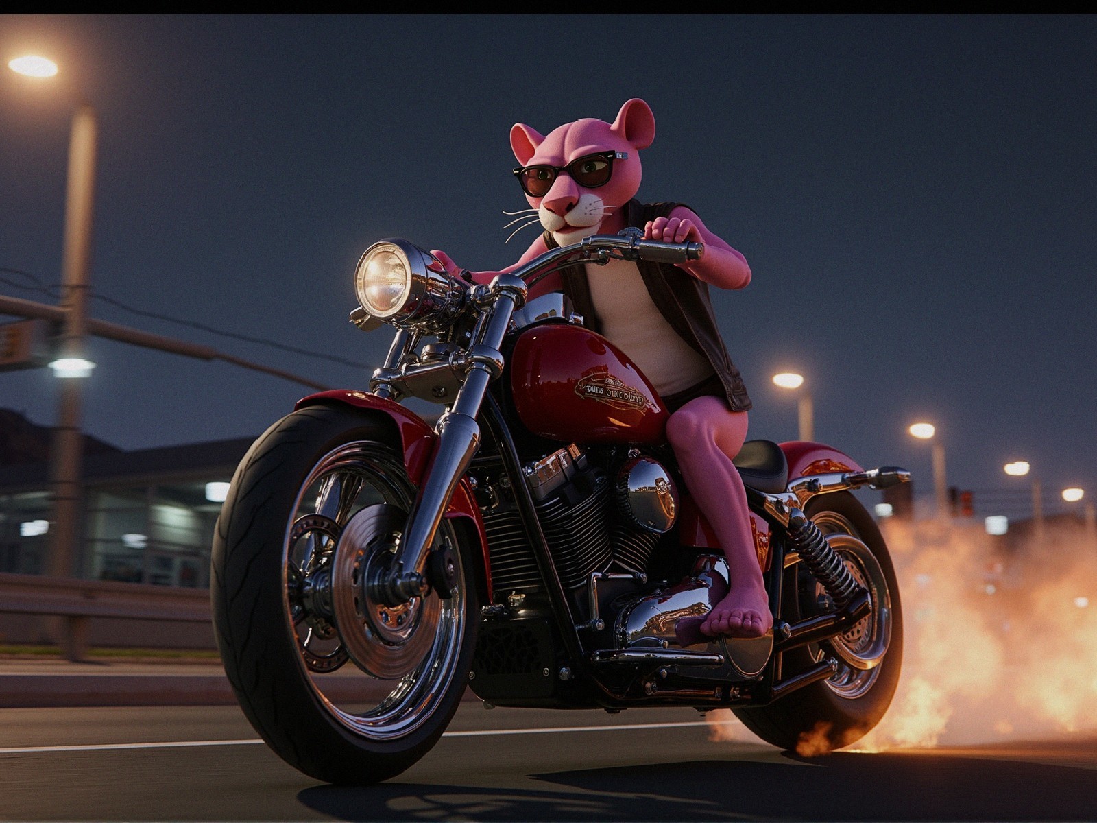 Cartoon Panther Character on Motorcycle at Night