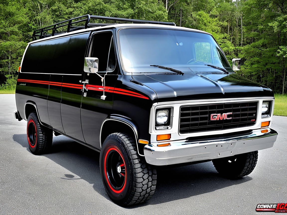 Vintage GMC Van with Black Exterior and Red Accents