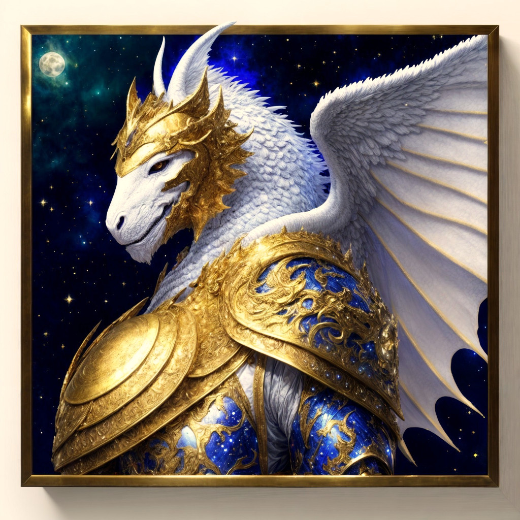 Majestic dragon with white scales in starry cosmos