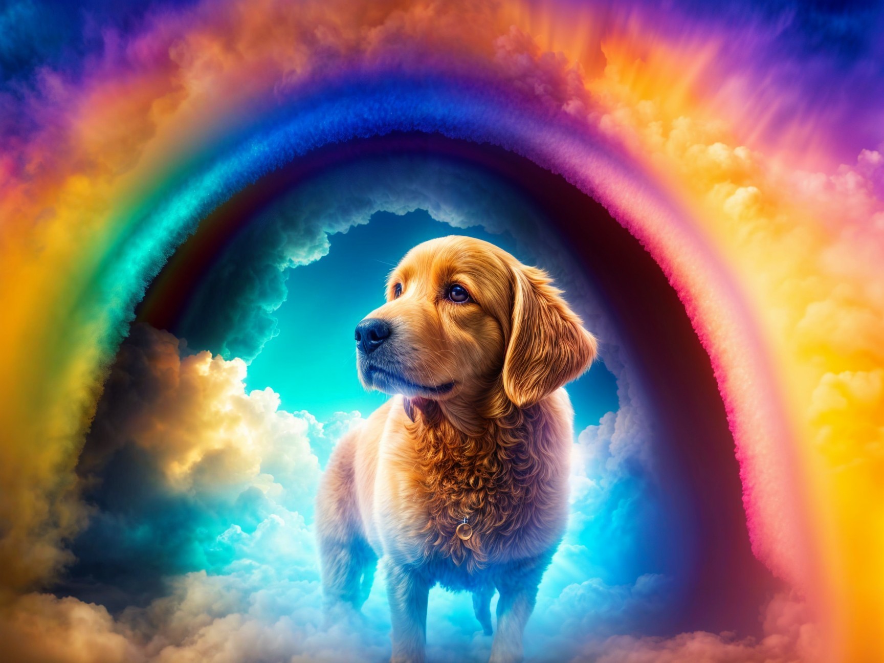 Golden Retriever in a Rainbow and Dreamy Sky