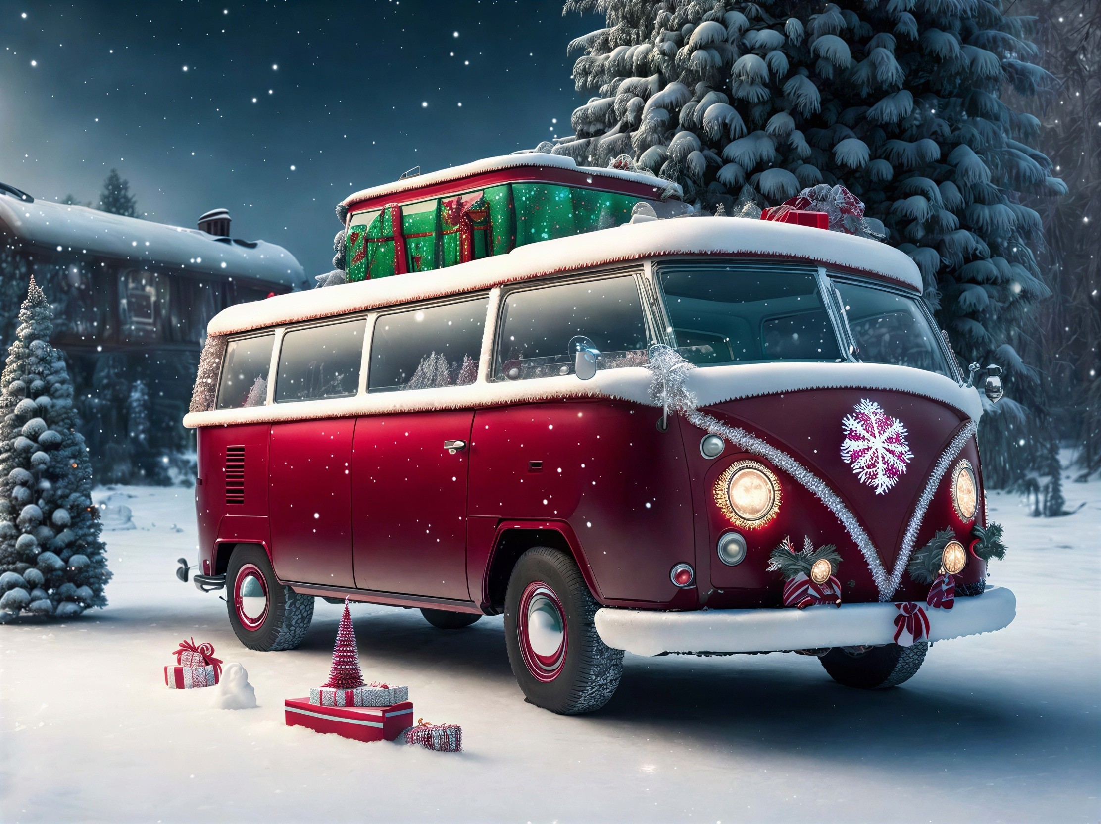 Red Volkswagen Type 2 Bus Decorated for Christmas
