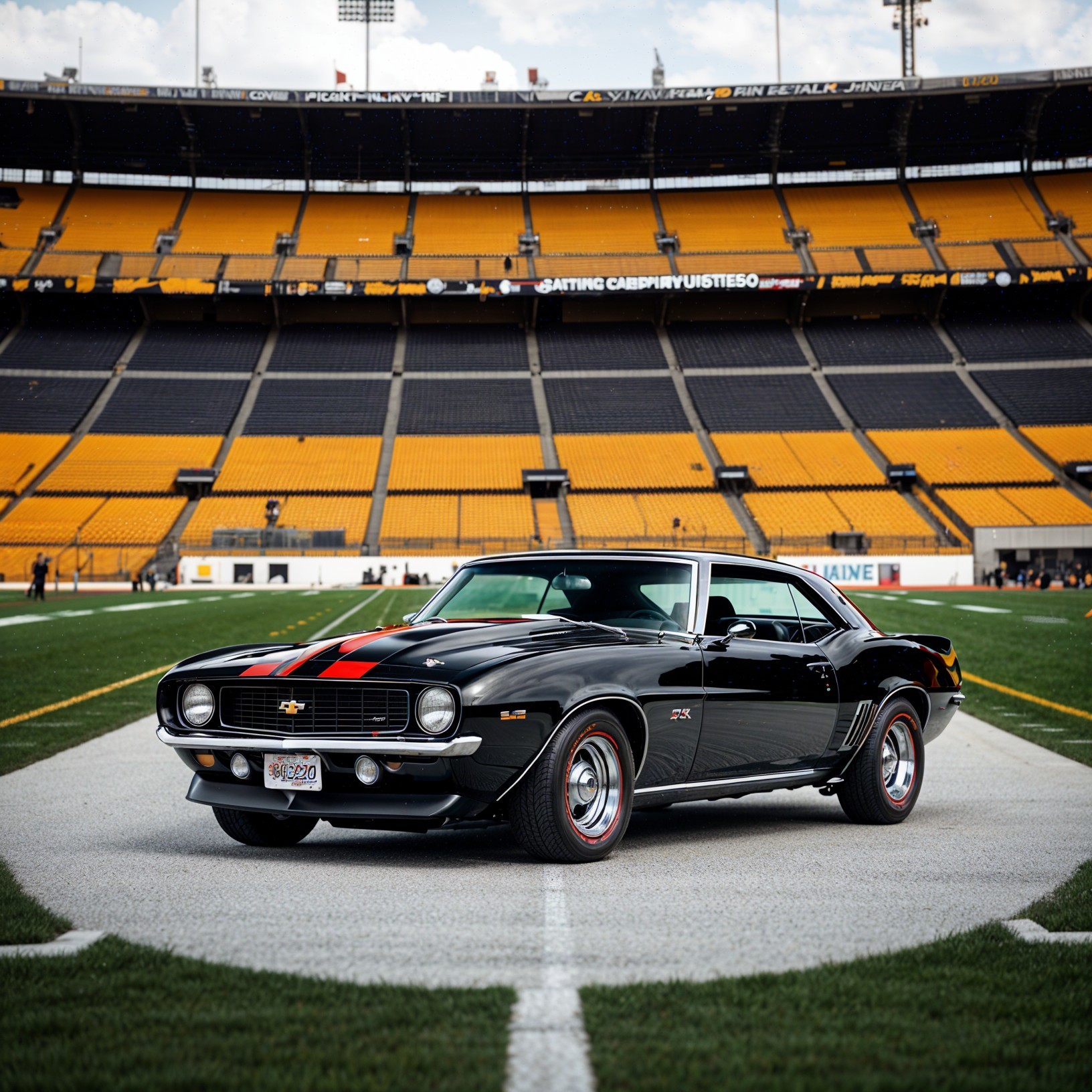 Black Chevrolet Camaro on Football Field with Red Stripes