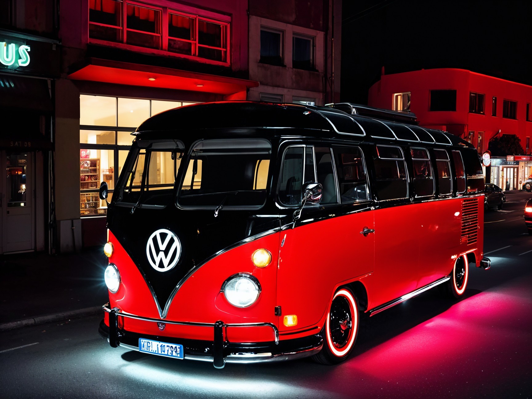 Classic Volkswagen Bus with Neon Lights at Night