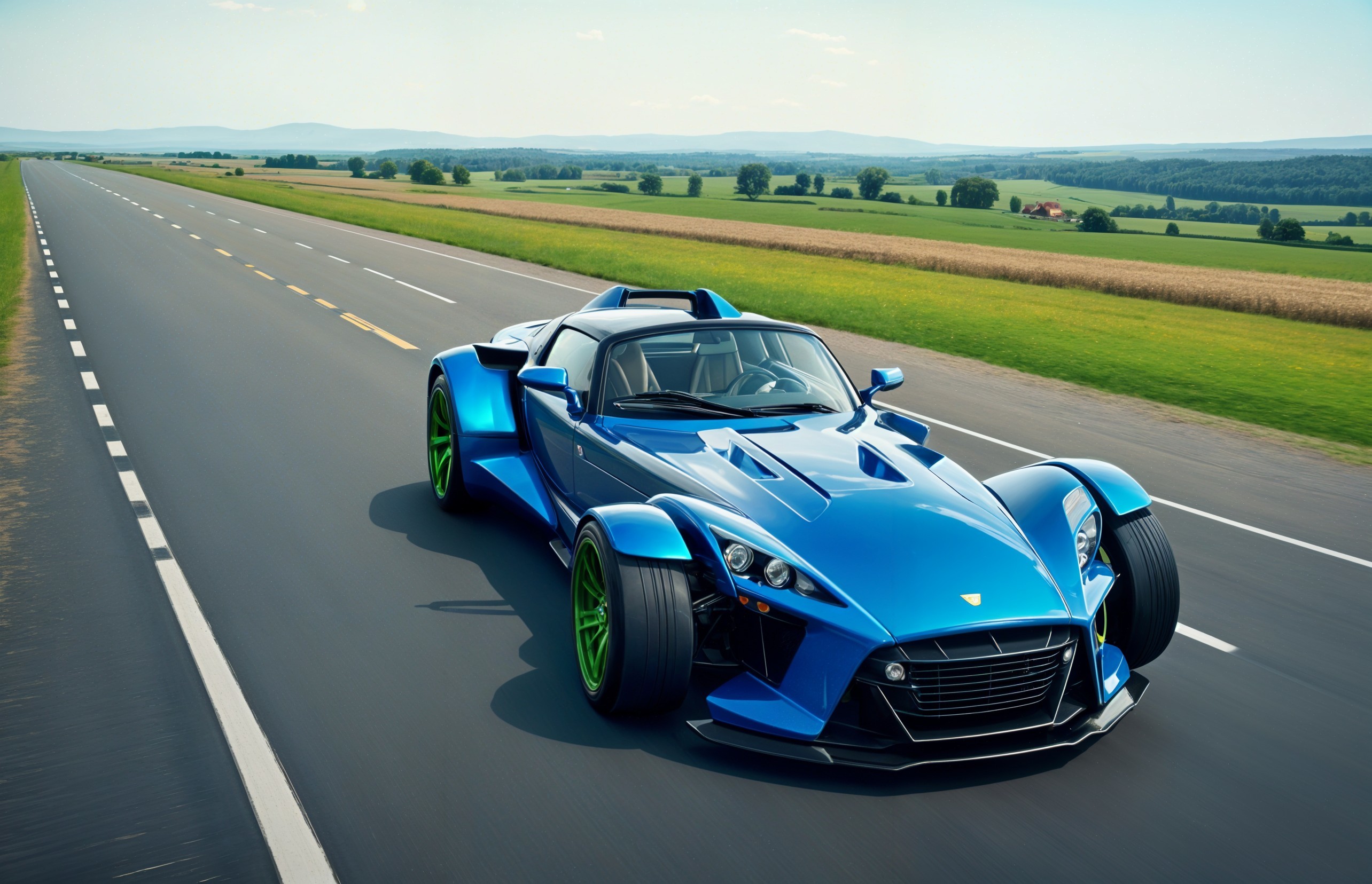 Blue Sports Car on Sunlit Rural Road with Green Accents