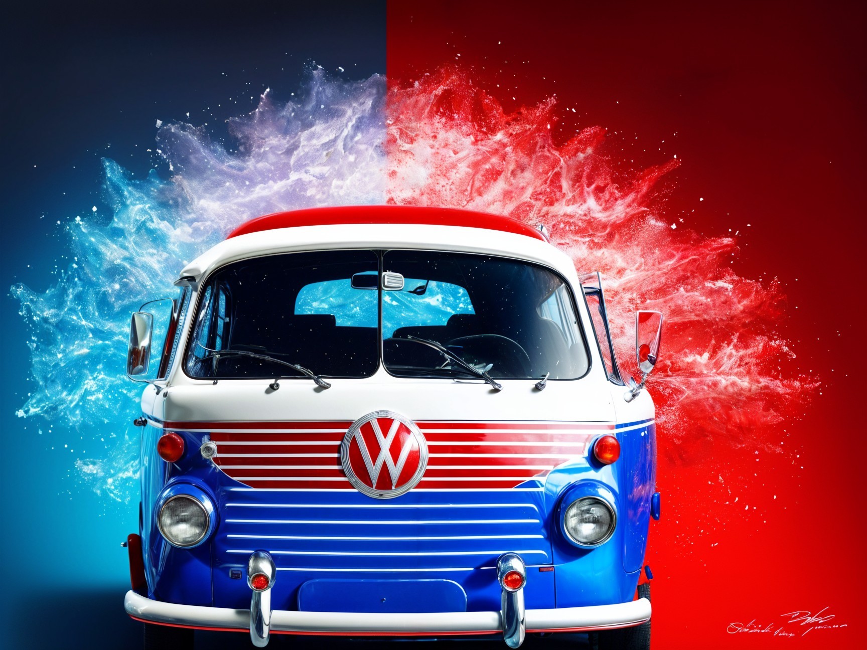 Vintage Volkswagen Van with Blue and Red Backgrounds