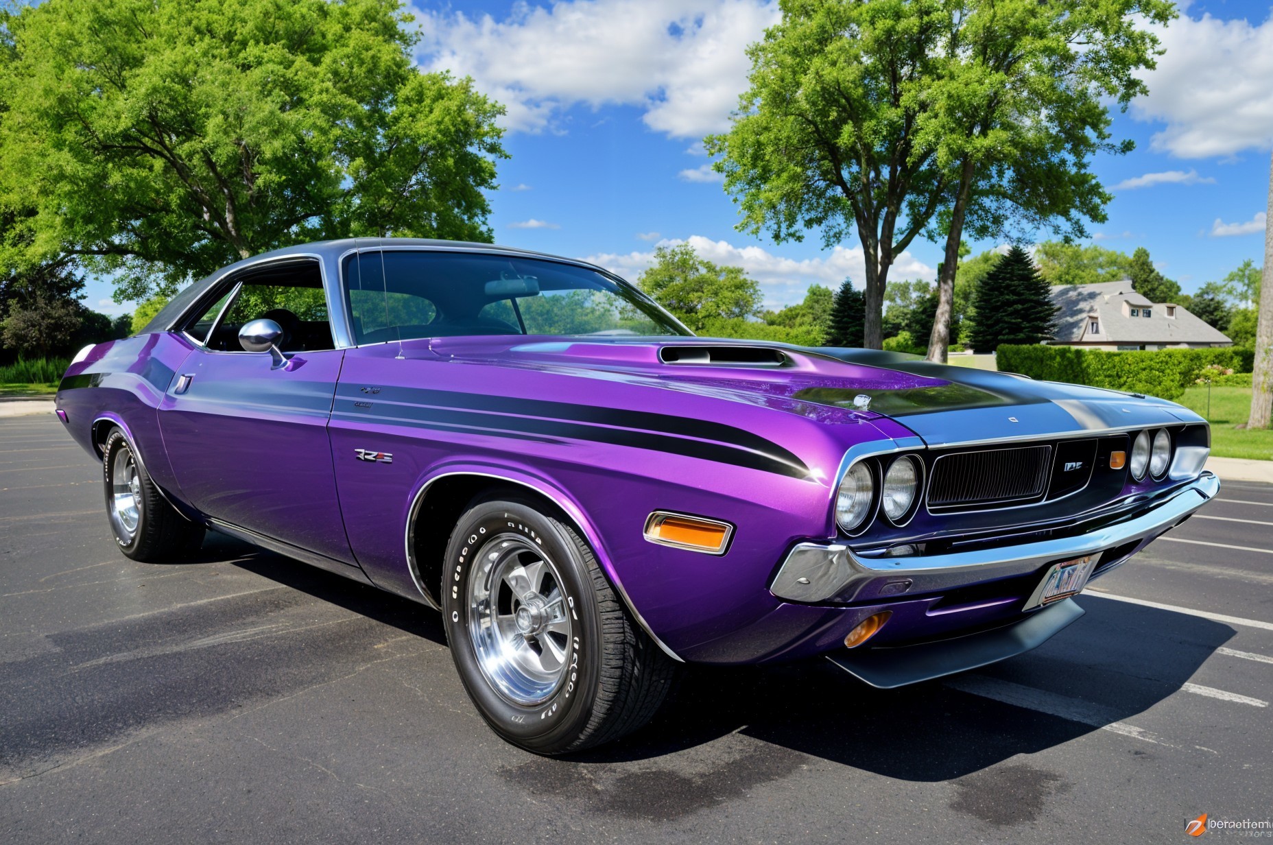 Purple Classic Muscle Car with Black Racing Stripes