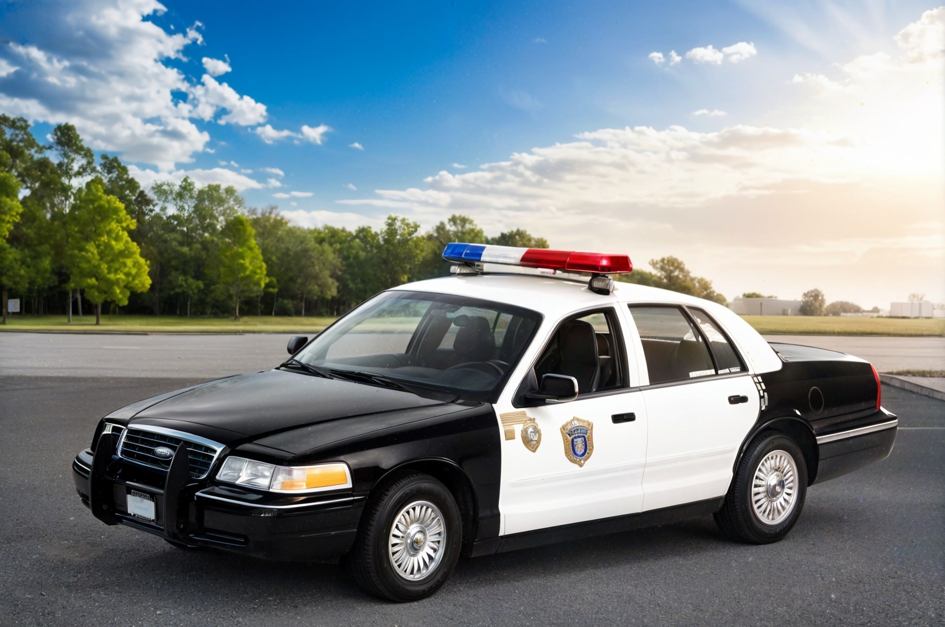 Classic Black and White Police Car in Sunny Lot