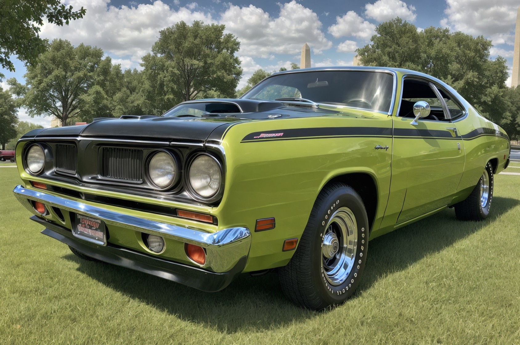 Vibrant Green Classic Car on Grassy Area Under Sun