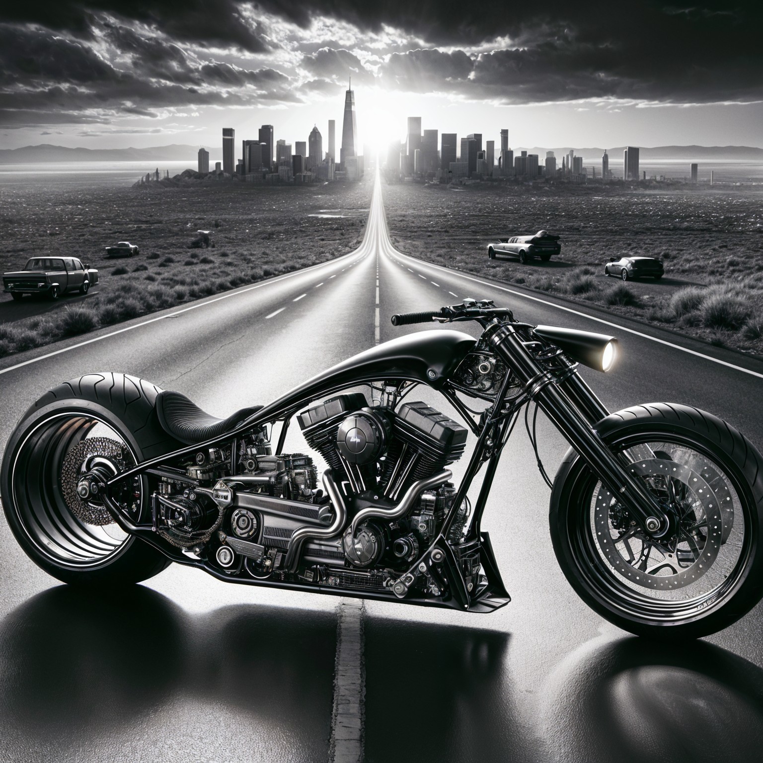Custom Motorcycle on Open Road with City Skyline