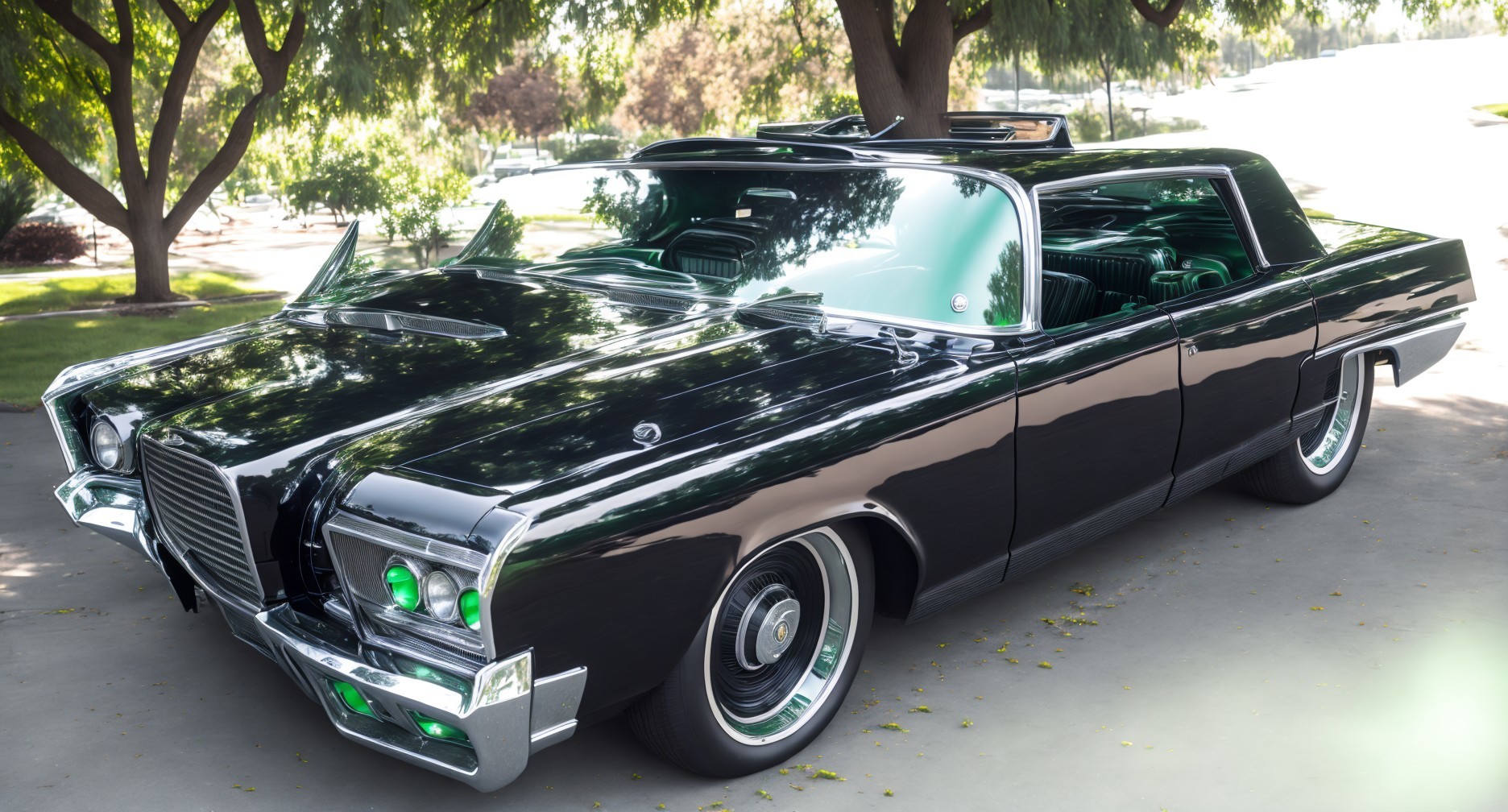 Classic Black Car with Green Accents and Chrome Details